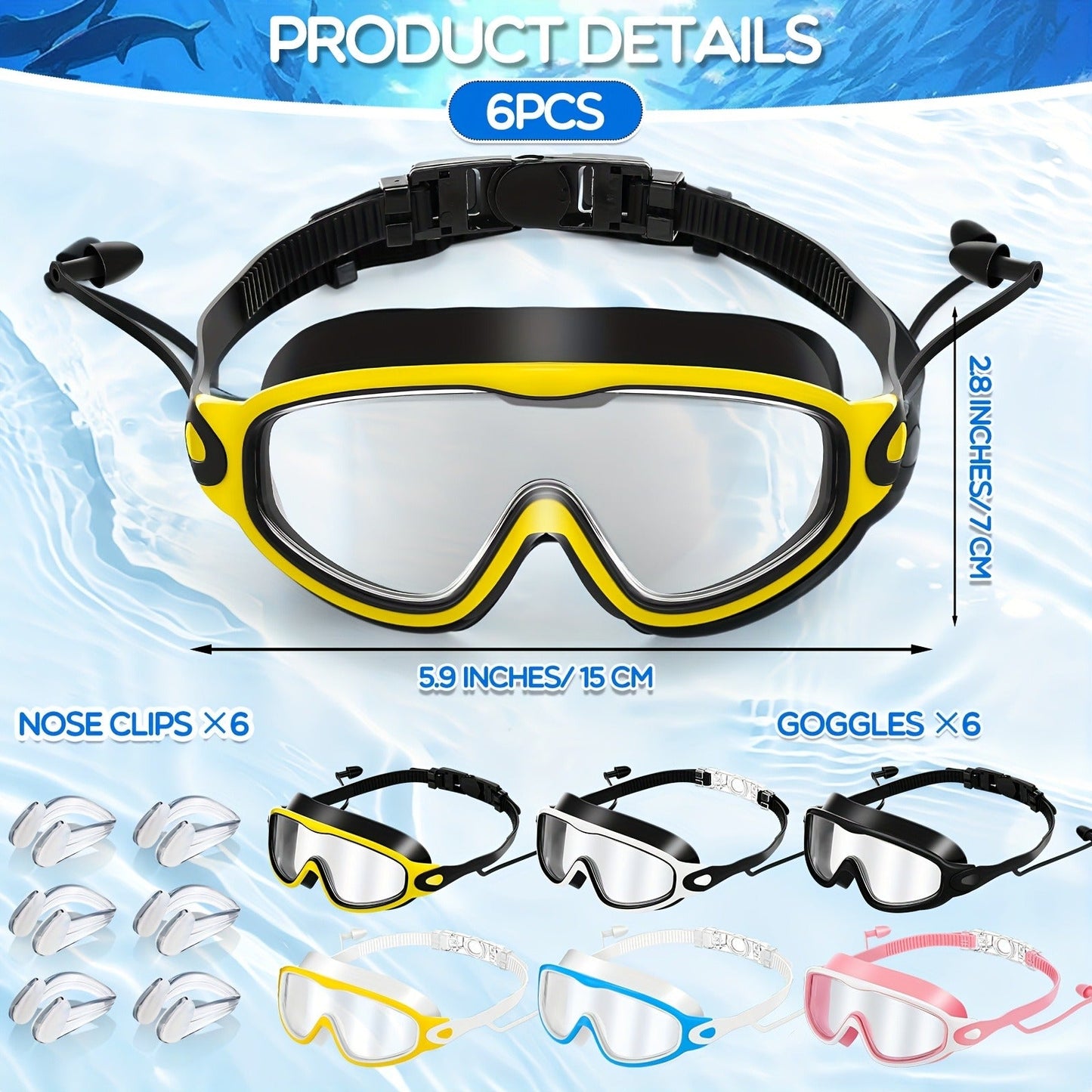 Anti-Fog Pool Goggles Set of 6 – Wide View No-Leak Swim Goggles with Earplugs & Nose Clip for Adults & Kids, 6-Pack Swim Mask