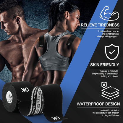 Kinesiology Tape 4 Rolls Precut 20 Strips, Cotton Elastic Athletic Tape Latex Free 2in x 16ft for Knee Shoulder Muscle Support Sports Recovery, Beige Black Pink Navy Blue Green Red