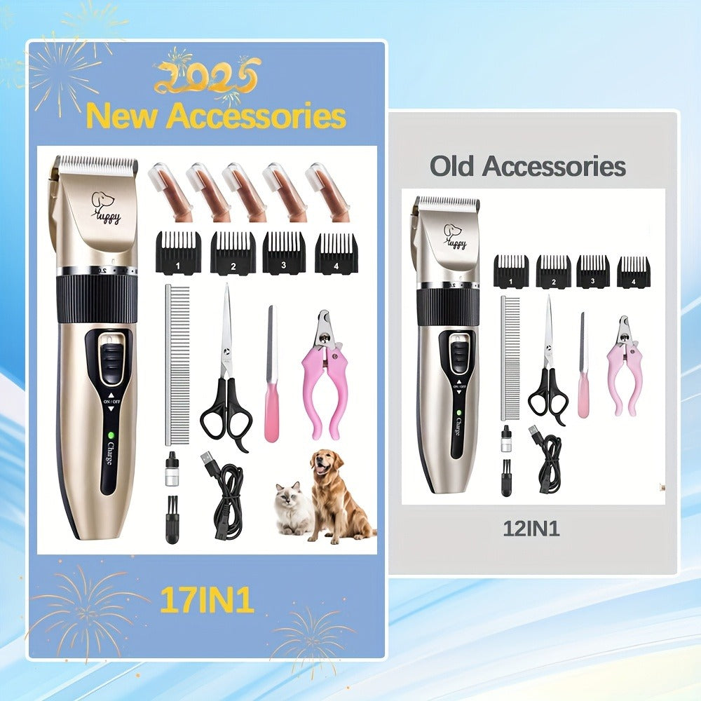 12-in-1 Pet Hair Trimmer Kit USB Rechargeable - Professional Cordless Electric Clippers for Dogs Cats Puppies Kittens, Adjustable Blade 5 Guide Combs Nail Clipper Scissors, Silent Home Grooming Set