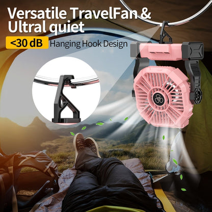 Portable Camping Fan 3-in-1 with LED Lantern & USB Charging – Battery Powered Tent Fan with Timer, 360° Rotation, for Outdoor Camping, Barbecue, Travel & Emergency Use (6 Colors)