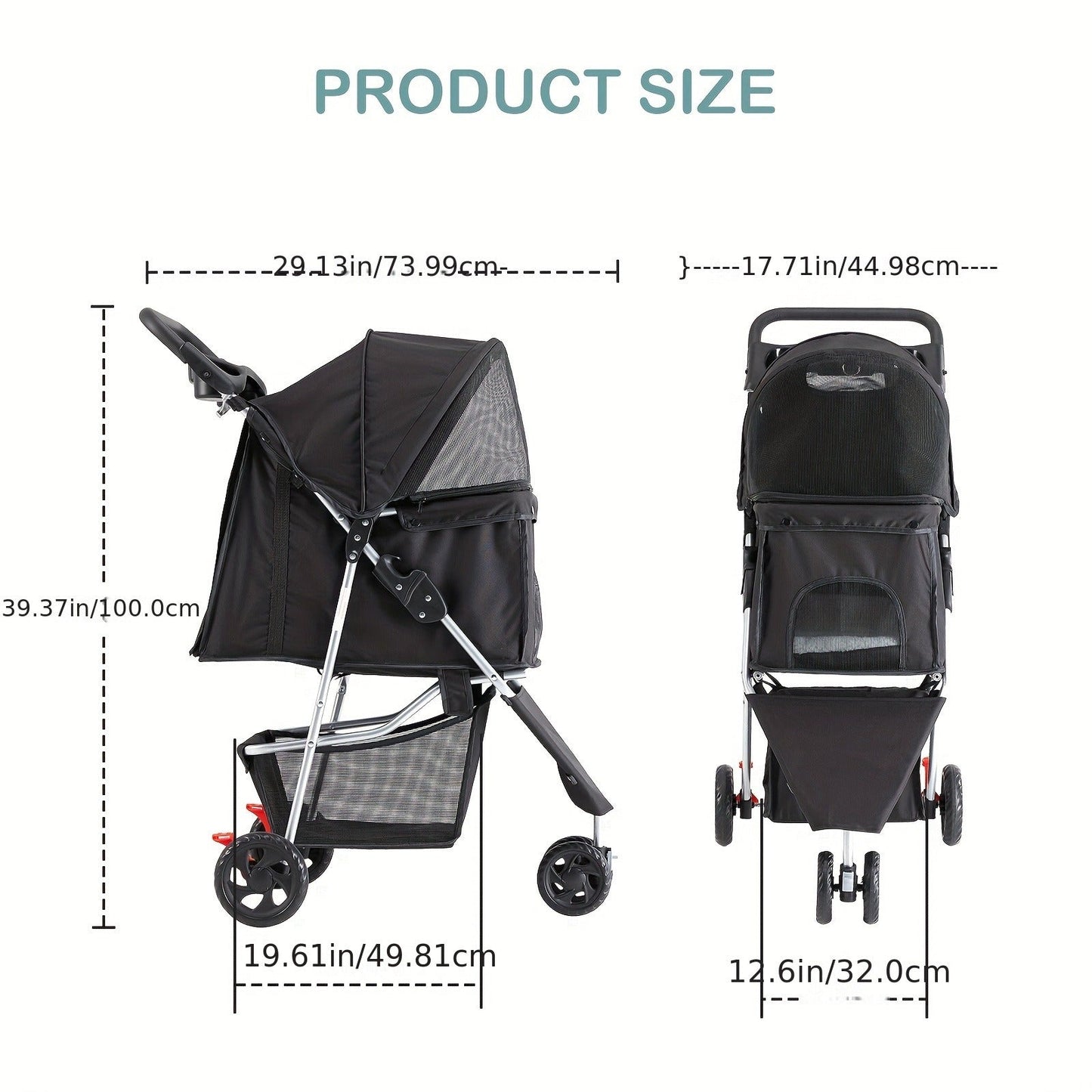 3-Wheel Pet Stroller for Small & Medium Dogs Cats - Foldable Jogger Stroller with Weather Cover, Storage Basket & Cup Holder, Breathable Mesh Window, All-Season Outdoor Walk Pram, Black
