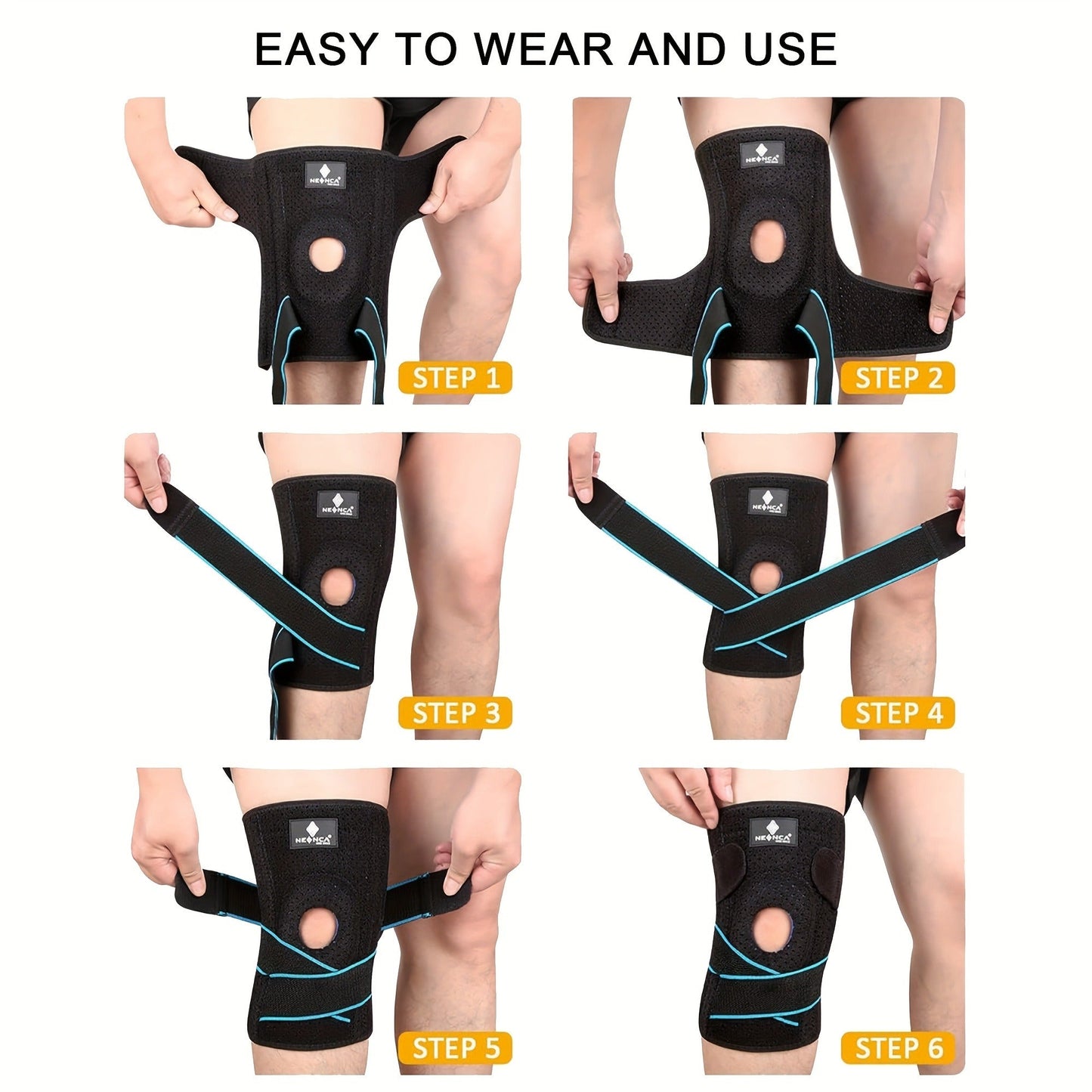 Knee Brace with Patella Gel Pad & Side Spring Stabilizers – Adjustable Compression Knee Support Wrap for Sports Running Workouts Camping, Breathable Knee Joint Stabilizer for Women Men, Blue & Black