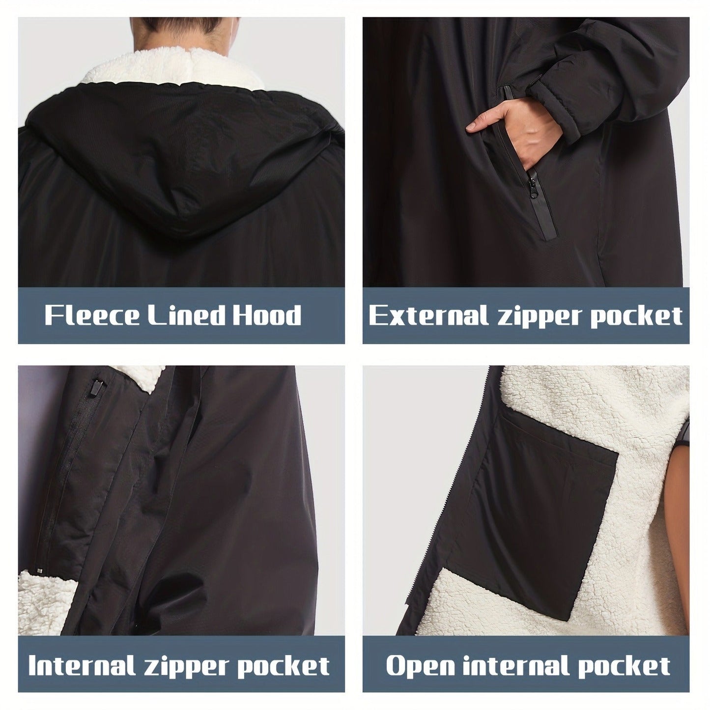 Changing Robe Fleece Lined Hooded – Long Sleeve Windproof Warm Surf Poncho for Swimming, Surfing, Diving, Camping & Hiking – 43.3x31.5in, 4 Colors: Navy, Black, Red, Blue