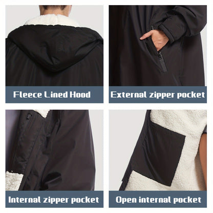 Changing Robe Fleece Lined Hooded – Long Sleeve Windproof Warm Surf Poncho for Swimming, Surfing, Diving, Camping & Hiking – 43.3x31.5in, 4 Colors: Navy, Black, Red, Blue
