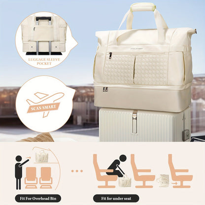 Gym Bag Women 40L Duffel Bag with Shoe Compartment Wet Pocket Polyamide Weekender Travel Tote for Gym Yoga Swimming Hospital Sports Beige