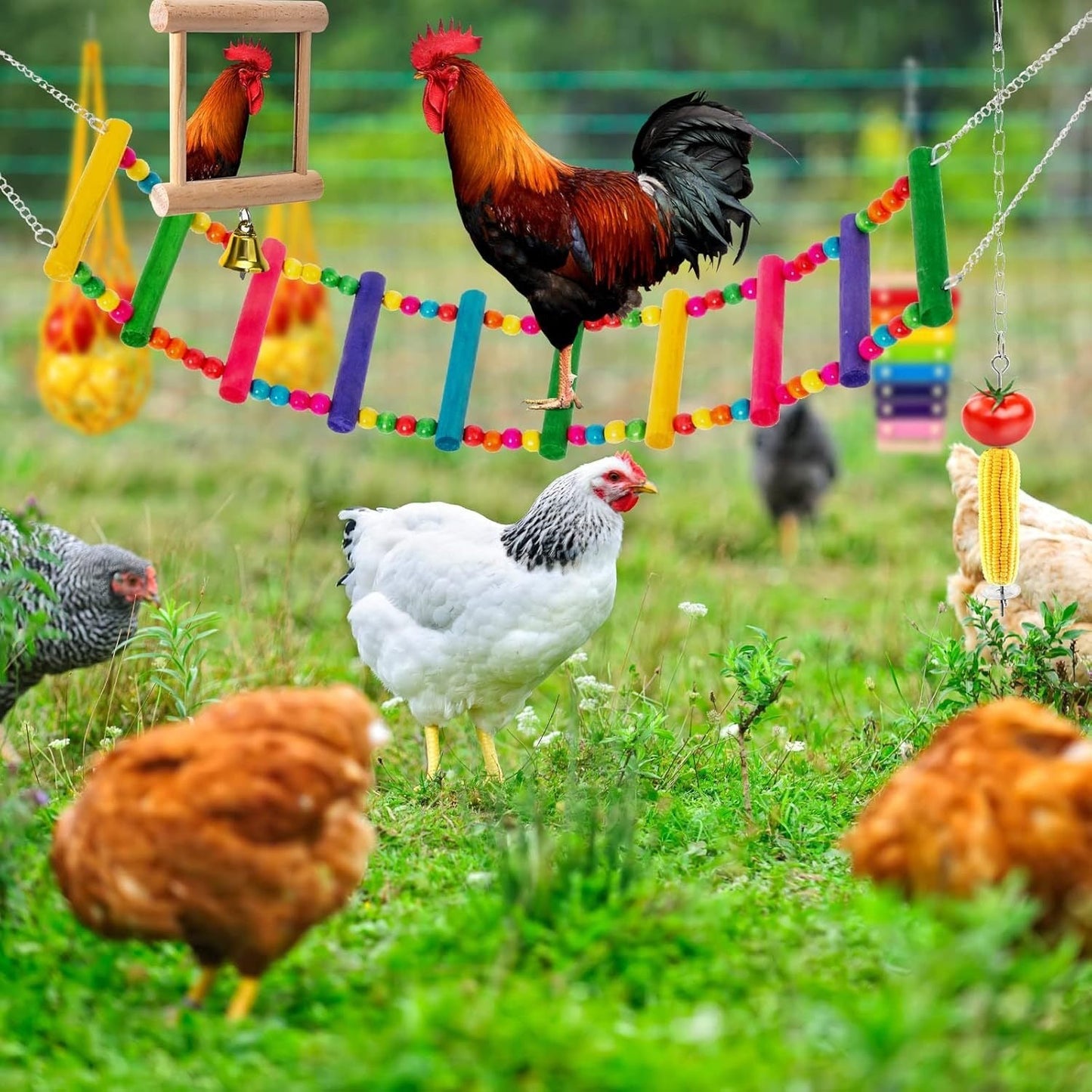 Chicken Coop Toys Set – Xylophone, Swing, Mirror, Step Ladder & Pecking Toys for Hens, Wood & Colorful Bead Enrichment Accessories for Backyard Chickens & Parrots, 5pcs or 9pcs
