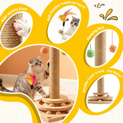 Multi-Level Sisal Cat Scratching Post 4-in-1 with 6 Wooden Balls 2 Hanging Balls & 2 Feather Teaser Toys - Premium Thickened Sisal Anti-Slip Base for Indoor Cats M L XL + Replacement Pillars