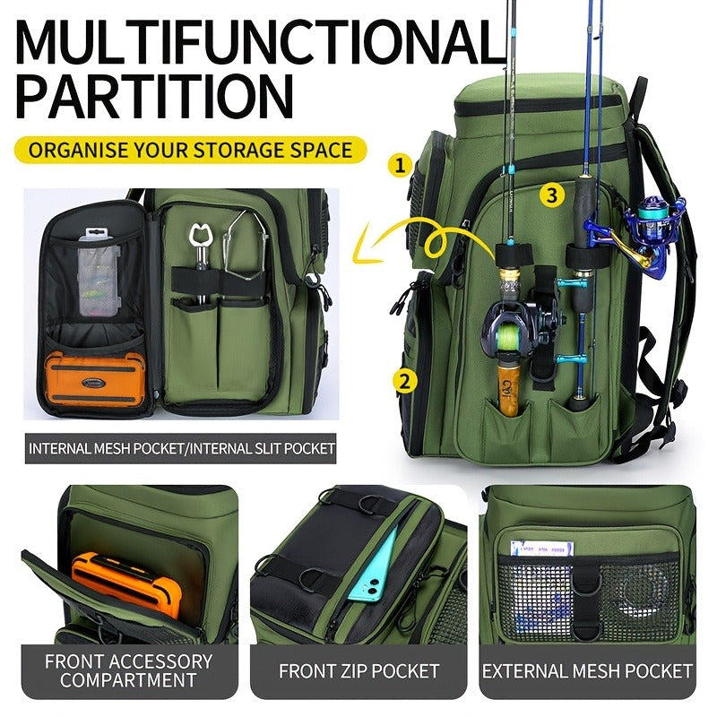 Fishing Backpack with Rod Holder 45L – Large Capacity Outdoor Tackle Bag, Waterproof Travel Shoulder Pack for Fishing Camping Hiking, Multi-Pocket Lure Storage Rucksack with Zipper Closure