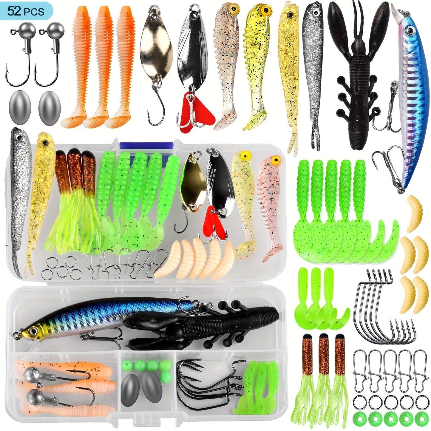 Fishing Lures Tackle Box Kit 52–360pcs – Animated Lures, Crankbaits, Spinnerbaits, Soft Plastic Worms & Topwater Lures for Bass, Trout, Salmon – Saltwater & Freshwater