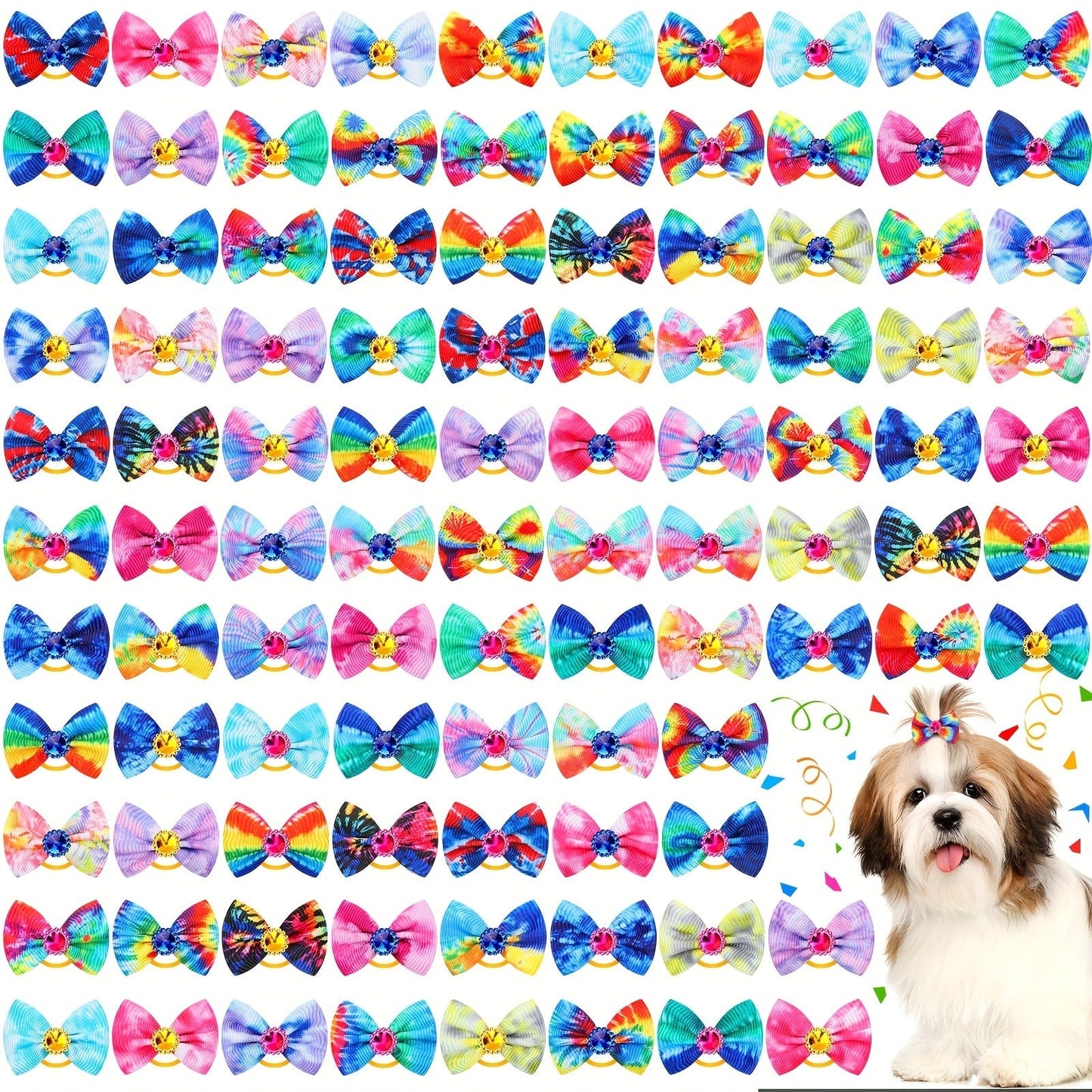Dog Hair Bows 100 Pack Tie Dye Rhinestone Puppy Grooming Accessories with Rubber Bands – Colorful Spring Dog Topknot Bows for Small Dogs, Cats & Grooming Salons, Bulk Hair Bow Set