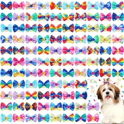 Dog Hair Bows 100 Pack Tie Dye Rhinestone Puppy Grooming Accessories with Rubber Bands – Colorful Spring Dog Topknot Bows for Small Dogs, Cats & Grooming Salons, Bulk Hair Bow Set