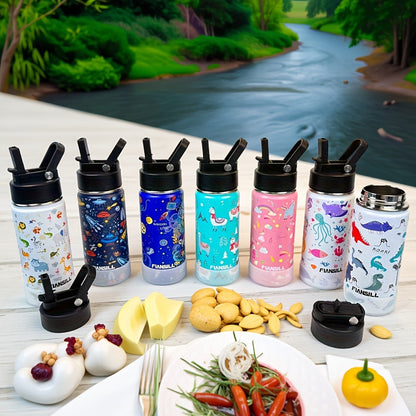 Kids Insulated Water Bottle 16oz with 3D Print Design - Stainless Steel Vacuum Flask, Leak-Proof BPA-Free, One-Hand Lid, Woven Strap & Carabiner, Perfect Student Gift for Boys & Girls, 8 Fun Styles
