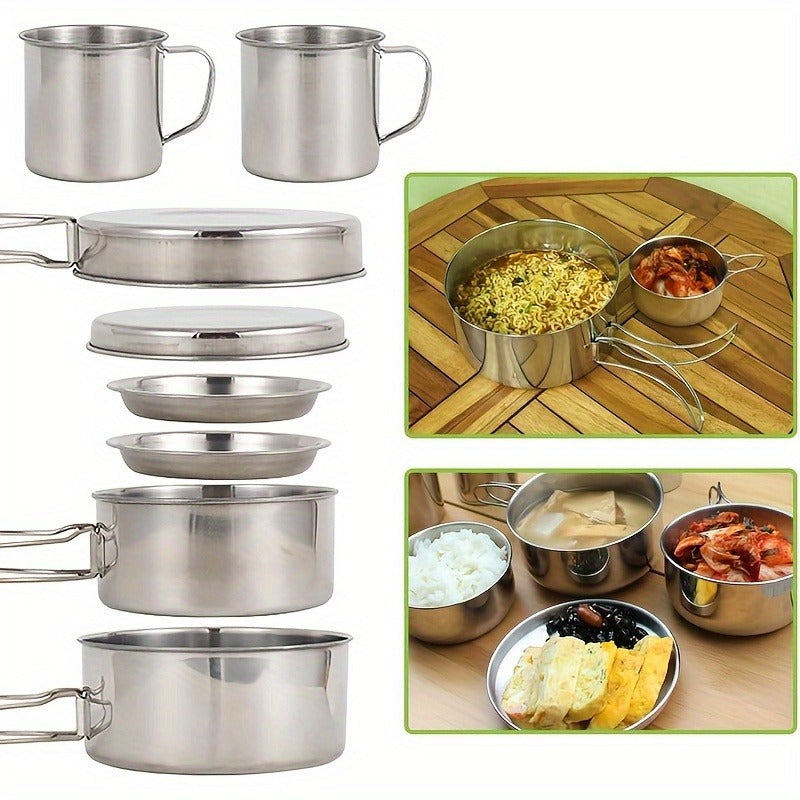 Stainless Steel Camping Cookware Set 8 Piece with Pots Pans Plates Cups and Handles - Lightweight Outdoor Cooking Kit for Camping Hiking Backpacking Open Fire Camp Kitchen Gear