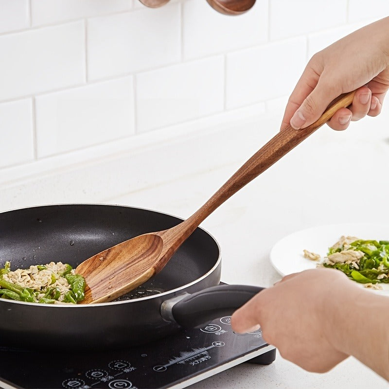Teak Wood Kitchen Utensil Set 3 Piece Solid Wood Cooking Spoon Rice Spoon High Temperature Resistant Non-Stick Pan Safe Wooden Cooking Utensils Polished Finish Household Kitchen Tools