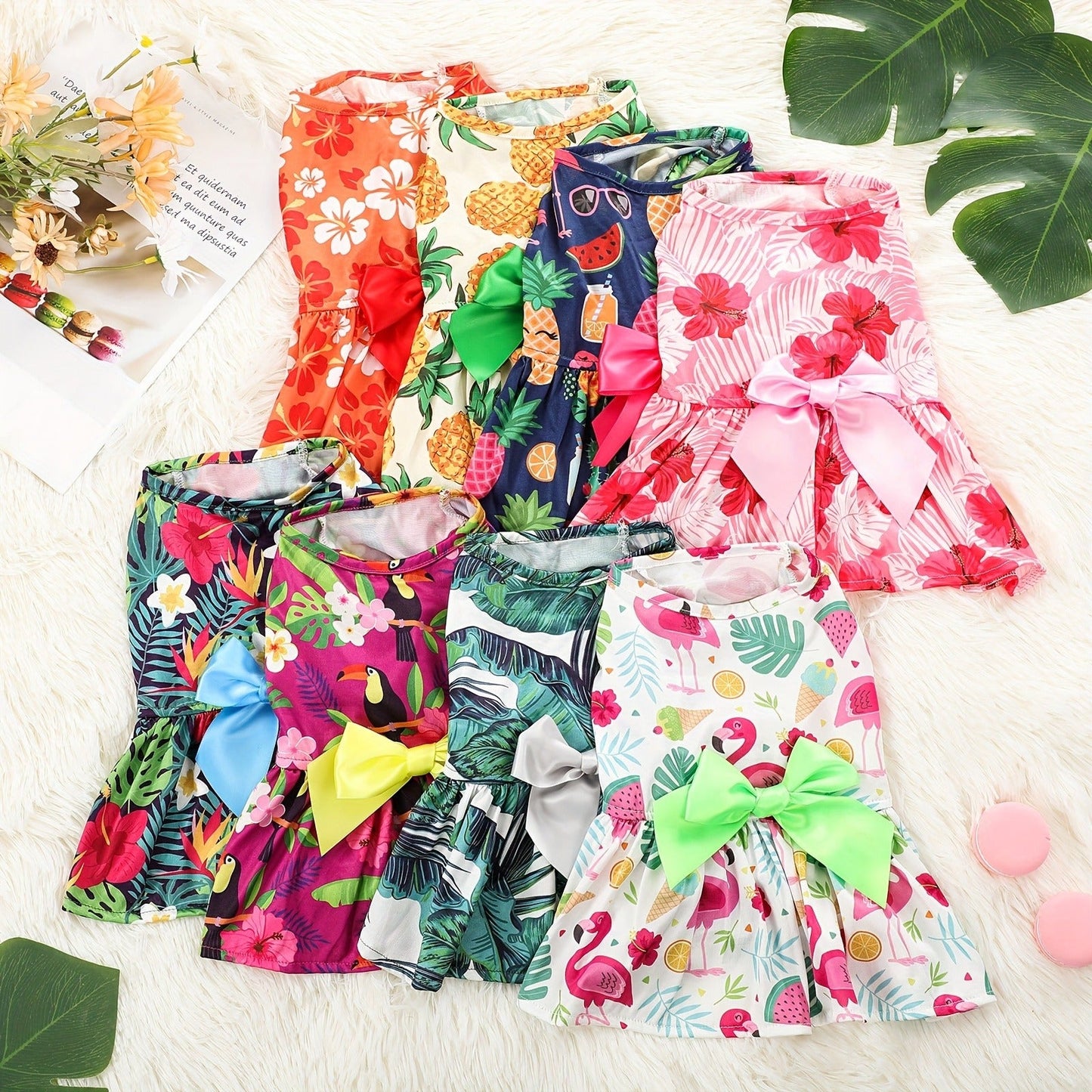 8pcs Summer Themed Hawaii Dog Dresses Holiday Flamingo Fruit Floral Pattern Pet Skirts Hawaii Puppy Princess Dresses Outfits Bowknot for Girl Dogs Cats Beach, Pet Fashion, Beach Outfits, Fruit Print, Bowknot Dress, Durable Stitching, Comfortable Fit