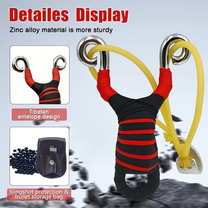 Alloy Slingshot Set for Adults – High-Velocity Pocket Slingshot with 2 Replacement Rubber Bands, 100 Mud Beads & Carry Bag, Powerful Hunting Slingshot for Outdoor Shooting Target Practice