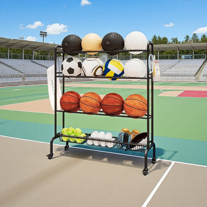 Sports Equipment Storage Rack with Wheels – 4-Tier Ball Rack for Basketball Soccer Volleyball with Hooks & Rolling Casters for Gym Garage