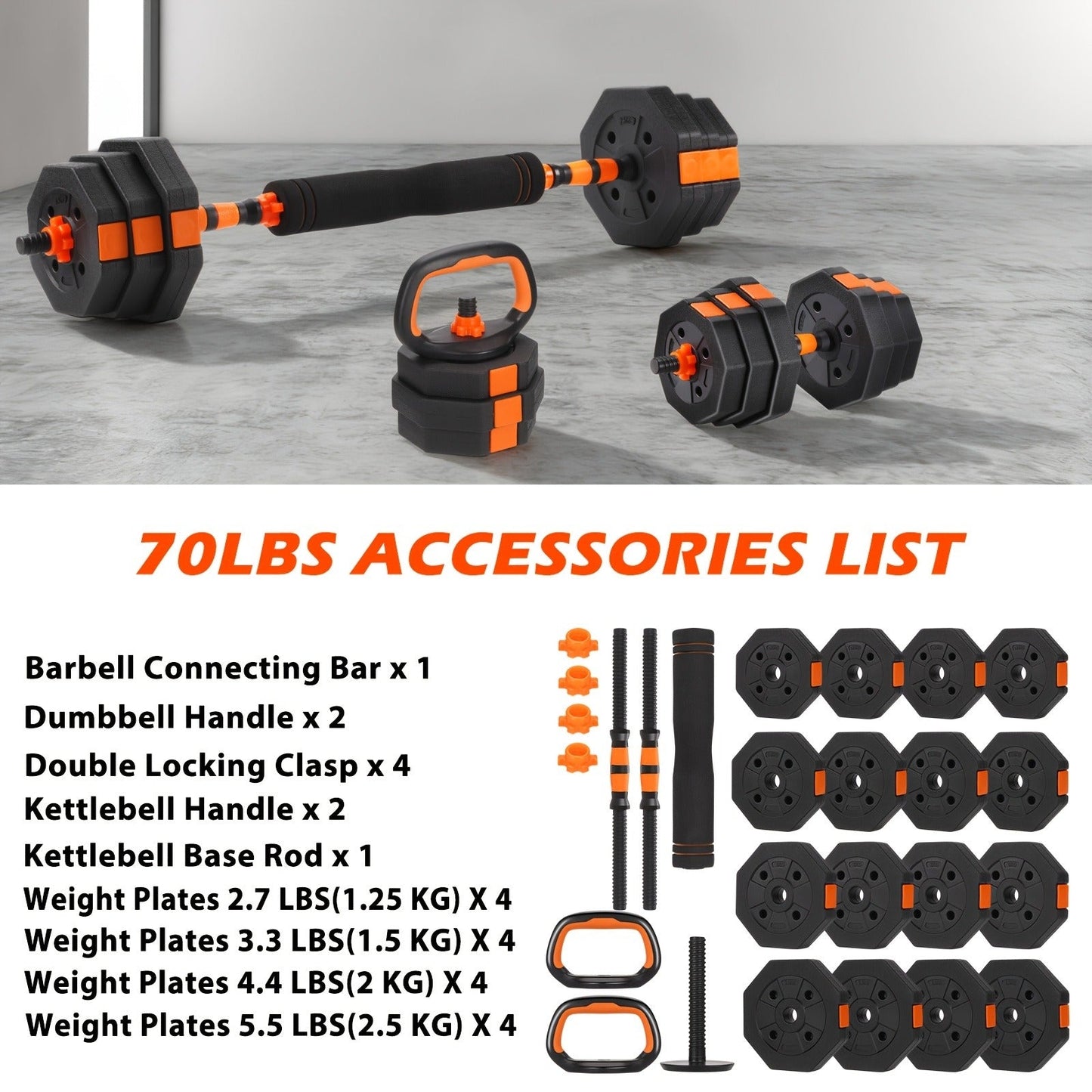 Adjustable Barbell & Dumbbell Set 4-in-1 – 25/50/66 lbs Home Gym Weight Set with Connecting Rod, Strength Training for Men & Women