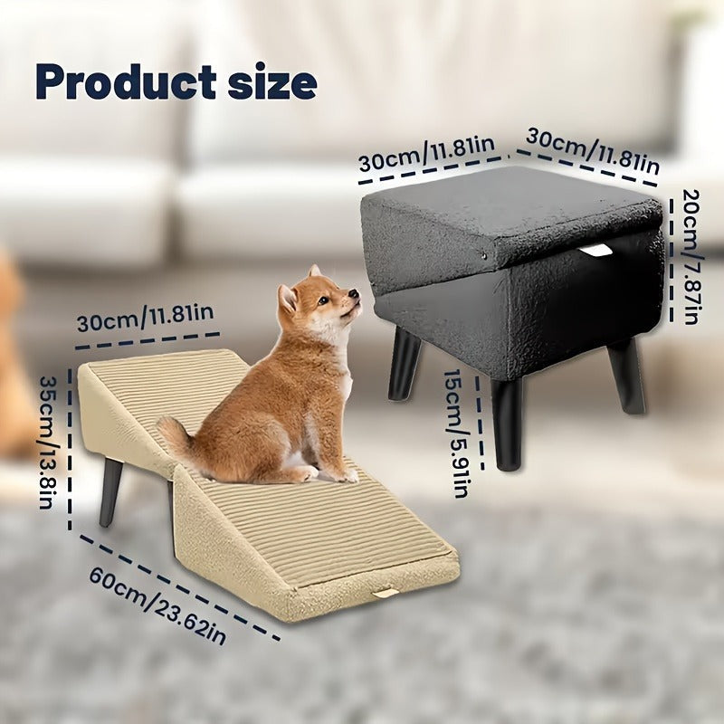 Dog Ramp 2-in-1 Foldable Ottoman Pet Stairs for Sofa Bed, Solid Wood Frame Heavy-Duty Small Dog Steps with Anti-Scratch Rounded Edges, Space-Saving Folding Pet Ramp Footrest, Black & Khaki