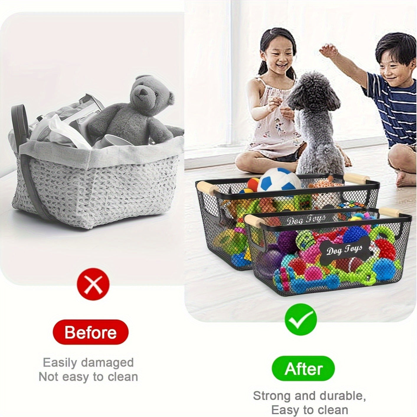 Metal Dog Toy Storage Basket Set with Wooden Handles – 2-Pack Mesh Wire Organizer Bin for Dog Toys, Collars, Blankets & Accessories
