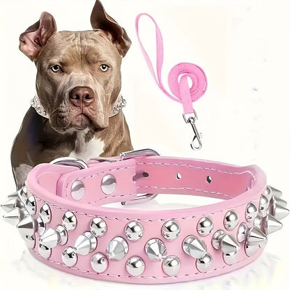 Rivet Dog Collar Bite Resistant with Leash Set, Heavy Duty Metal Buckle Pet Collar for Medium Large Dogs, Adjustable Sizes XS–XXL, Black Pink Red Blue Purple