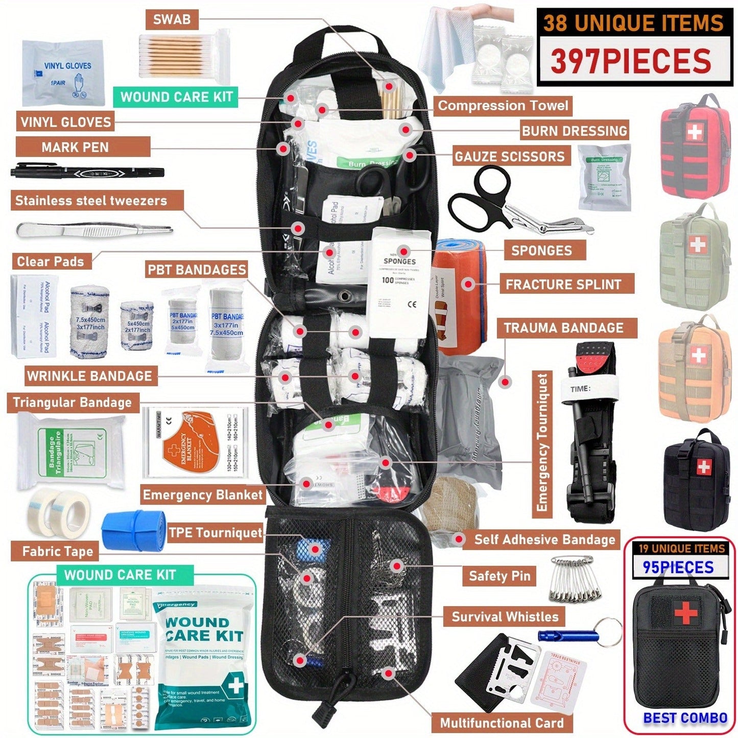 First Aid Kit 399pcs / 99pcs Professional Portable Survival Gear with Splints Scissors Tweezers for Hiking Camping Hunting Car Travel Emergency