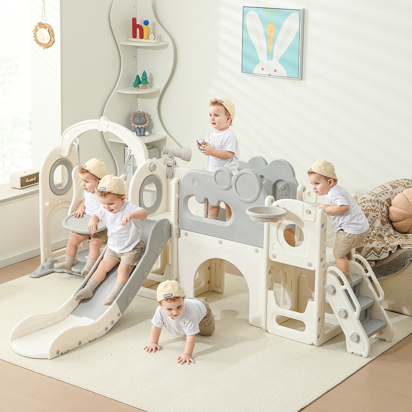 9-in-1 Foldable Toddler Slide with Basketball Hoop Telescope Climbing Set Indoor Outdoor Kids Playset Extended Slide for Toddlers Boys Girls