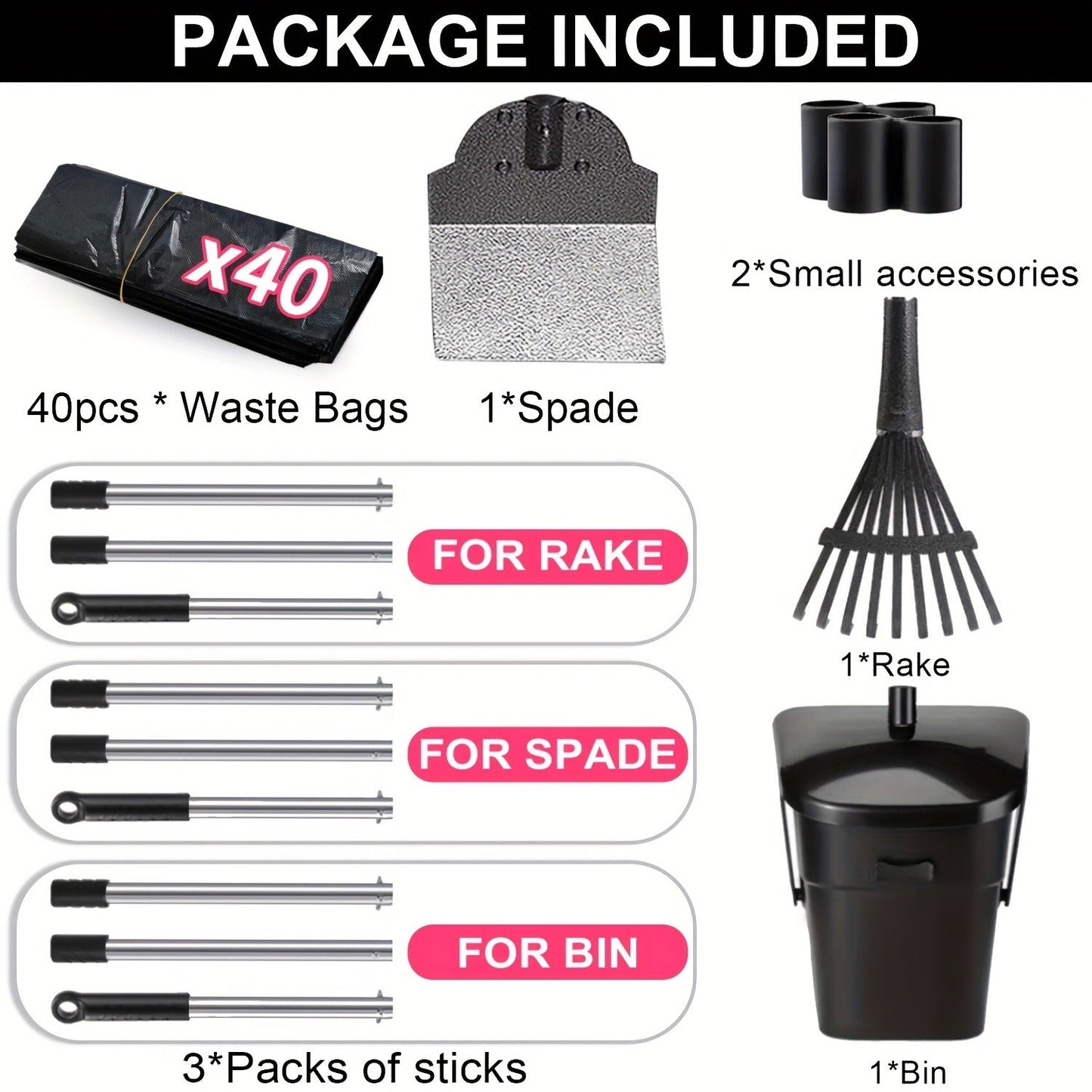 Dog Pooper Scooper with Long Handle & Swivel Bin - Heavy Duty Rake Spade Set, 40 Waste Bags Included, Pet Waste Removal for Yard Grass Gravel