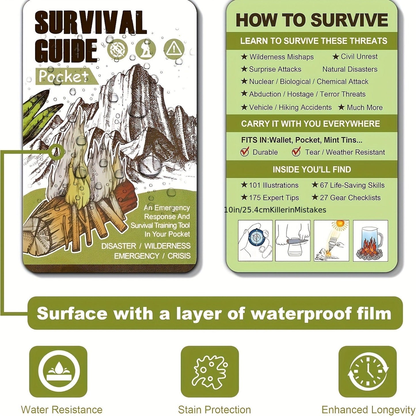 Pocket Survival Guide Card – 67 Life-Saving Skills & 175 Tips | Waterproof EDC Emergency Reference for Hiking, Camping & Disaster Prep