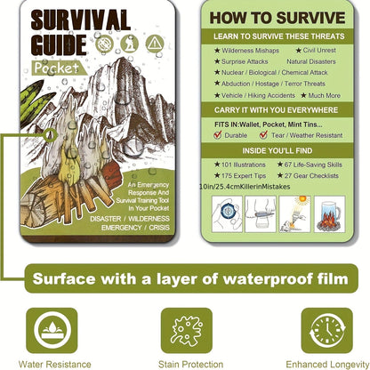 Pocket Survival Guide Card – 67 Life-Saving Skills & 175 Tips | Waterproof EDC Emergency Reference for Hiking, Camping & Disaster Prep