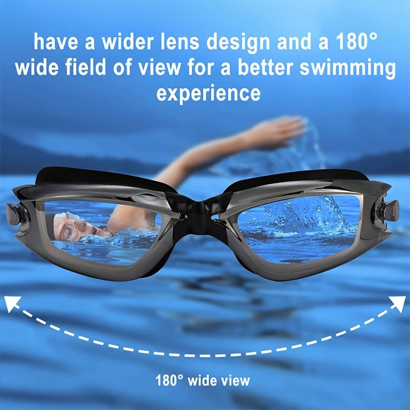 Swimming Goggles 6pcs Set with Cap Nose Clip Earplugs & Storage Bag – UV Protection Anti-Fog Adult Racing Swim Goggles Bundle, Silver-Coated Black Lens, Waterproof PU Swim Cap Included