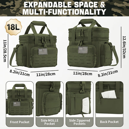 Tactical Insulated Cooler Lunch Box with MOLLE Webbing – Expandable & Leakproof, 3.7 Gal or 18L, for Hunting, Camping, Work & Outdoor Picnics – Black, Green or Khaki