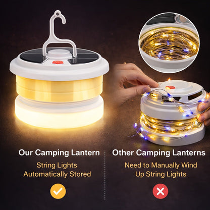 Solar Camping Lantern with Retractable String Lights – 2-in-1 LED Tent Light, 6 Modes, USB-C & Solar Rechargeable, Hand Crank, 10M String Lights, Portable Outdoor Camping Light for Camping, Patio & Emergency