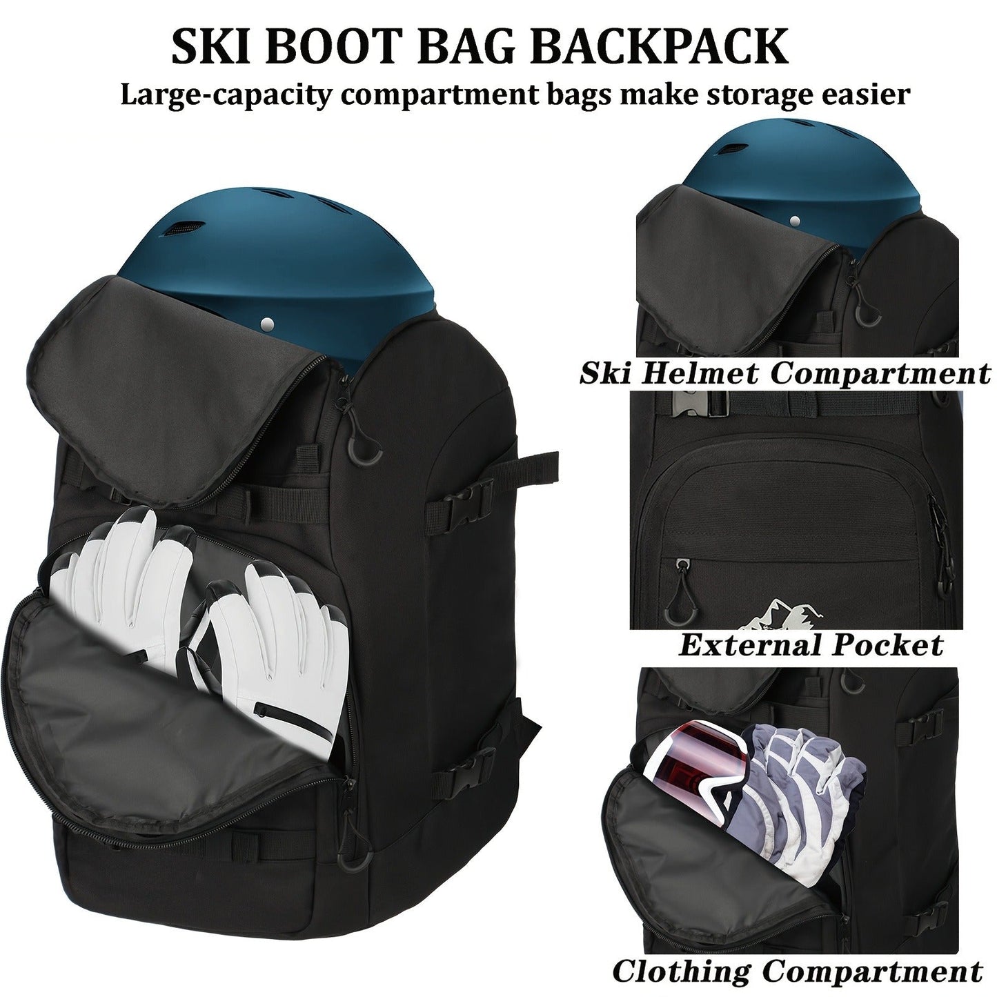 Ski Boot Bag Snowboard Backpack 40-50L Large Capacity Snow Gear Bag for Skiing Helmet Goggles Gloves Snowboard Accessories Winter Sports Equipment Bag Black