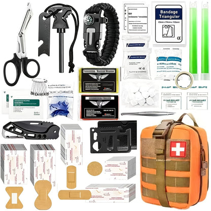 217 Piece Survival Kit with First Aid Kit & Molle Storage Bag - Emergency Gear Set for Camping, Hiking, Outdoor Adventure, Home & Office, Perfect Gift for Men, Dad, Husband, Son - Orange Green Khaki Black Red Camouflage