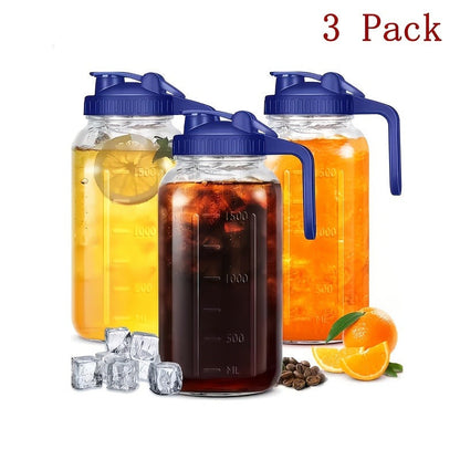 64oz Glass Pitcher with Handle – Leak-Proof Wide Mouth Mason Jar Water Jug, Pour Spout Lid, 2 Quart Portable Canteen for Camping, BBQ, Fridge & Outdoor Entertaining (2-Pack / 3-Pack)