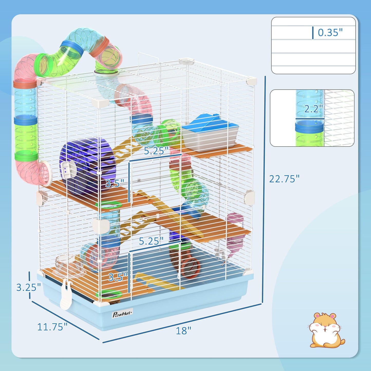 Hamster Cage 5 Tier Portable Small Animal Travel Carrier with Exercise Wheel Tubes Habitat Enclosure for Hamsters Gerbils Mice, Light Blue