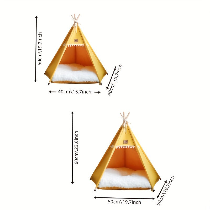 Pet Teepee Bed with Cushion – Linen Fabric Cat & Dog Tent, Dome-Shaped All-Season Indoor Outdoor House, Padded & Sturdy Frame for Small to Medium Pets, Easy Clean (Small or Large, White or Creamy-White)