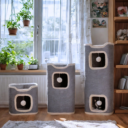 Cat Tree Tower Multi-Level Foldable - Indoor Cat House with Scratch Resistant Post, Soft Top Cat Bed, Cat Hideaway & Bell Ball Toy, 1 2 3 Layer Cat Climbing Tower for Kittens & Adult Cats, Gray
