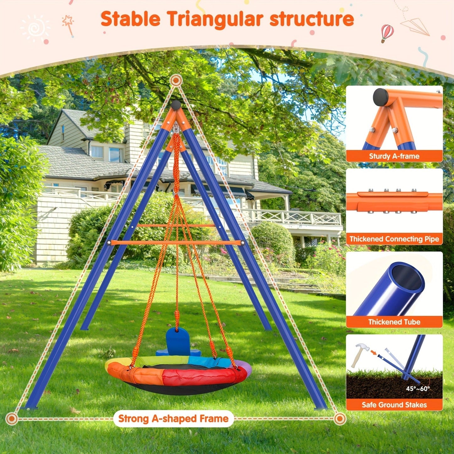 Outdoor Swing Set for Kids 3-in-1 Metal A-Frame 550 lbs Disc Saucer Swing Backyard Playground