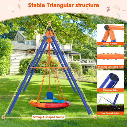 Outdoor Swing Set for Kids 3-in-1 Metal A-Frame 550 lbs Disc Saucer Swing Backyard Playground