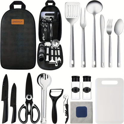 Camping Cookware Set Portable Stainless Steel Camp Kitchen Kit with Waterproof Case – Compact Travel Cookware for Hiking, Backpacking, BBQ & Outdoor Cooking with Grill Accessories