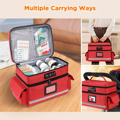 Lockable Medicine Organizer Bag with Combination Lock, Double-Layer Large Capacity Pill Bottle Storage Case for Prescription Bottles First Aid Supplies Home Travel, Portable Medication Carry Bag Red Grey Black