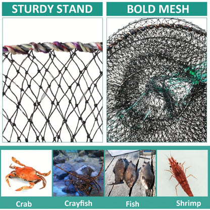Collapsible Fishing Trap Net 4 Pack - Crab Crawfish Minnow Lobster Shrimp Bait Cage with 49ft Rope, 12x24 Inch Foldable Fish Trap, Durable PA Nylon, Portable Freshwater Saltwater Fishing Gear