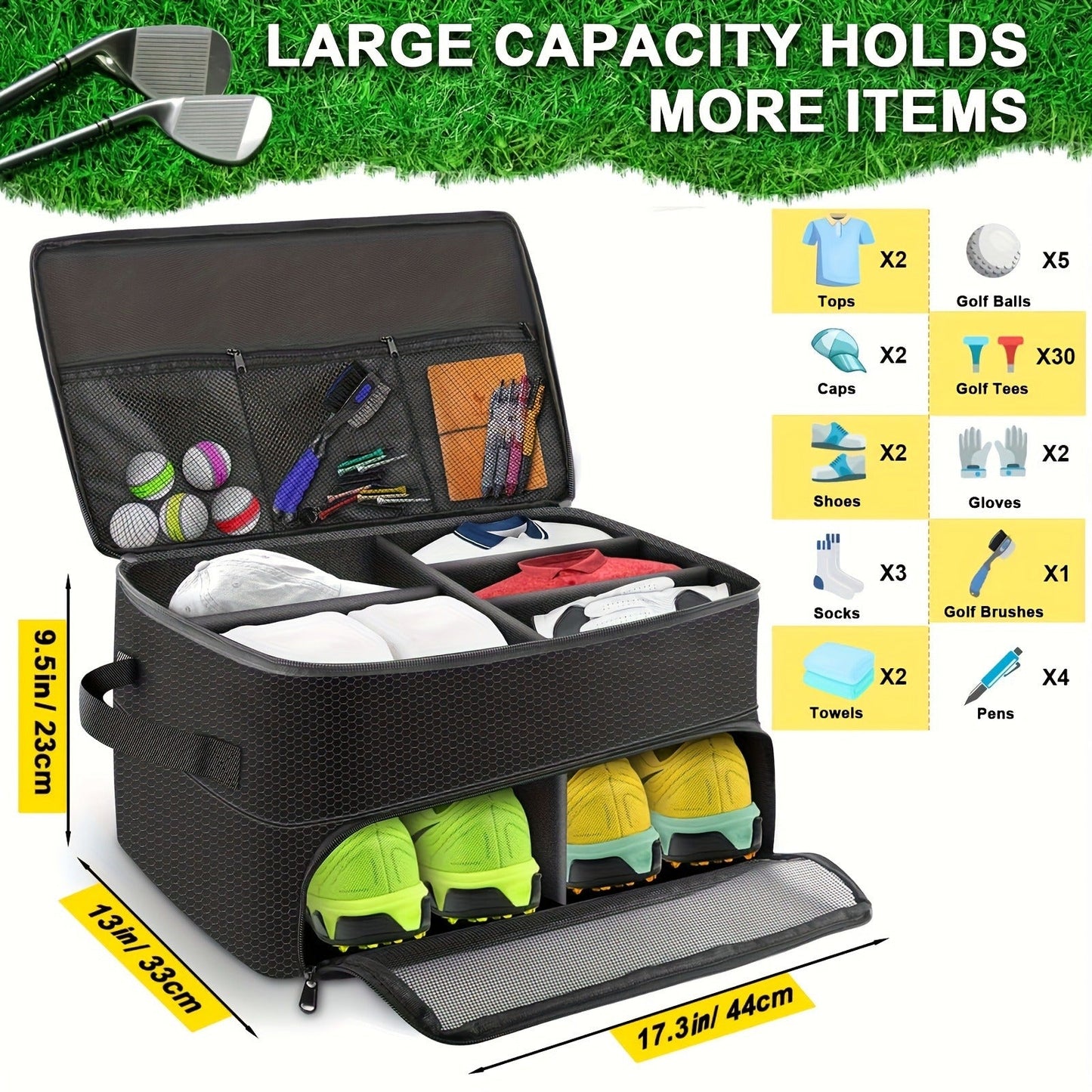 Golf Organizer Storage Box with Compartments and Mesh Pockets Durable Golf Accessory Case for Golf Balls Shoes Gloves Tees and Essentials