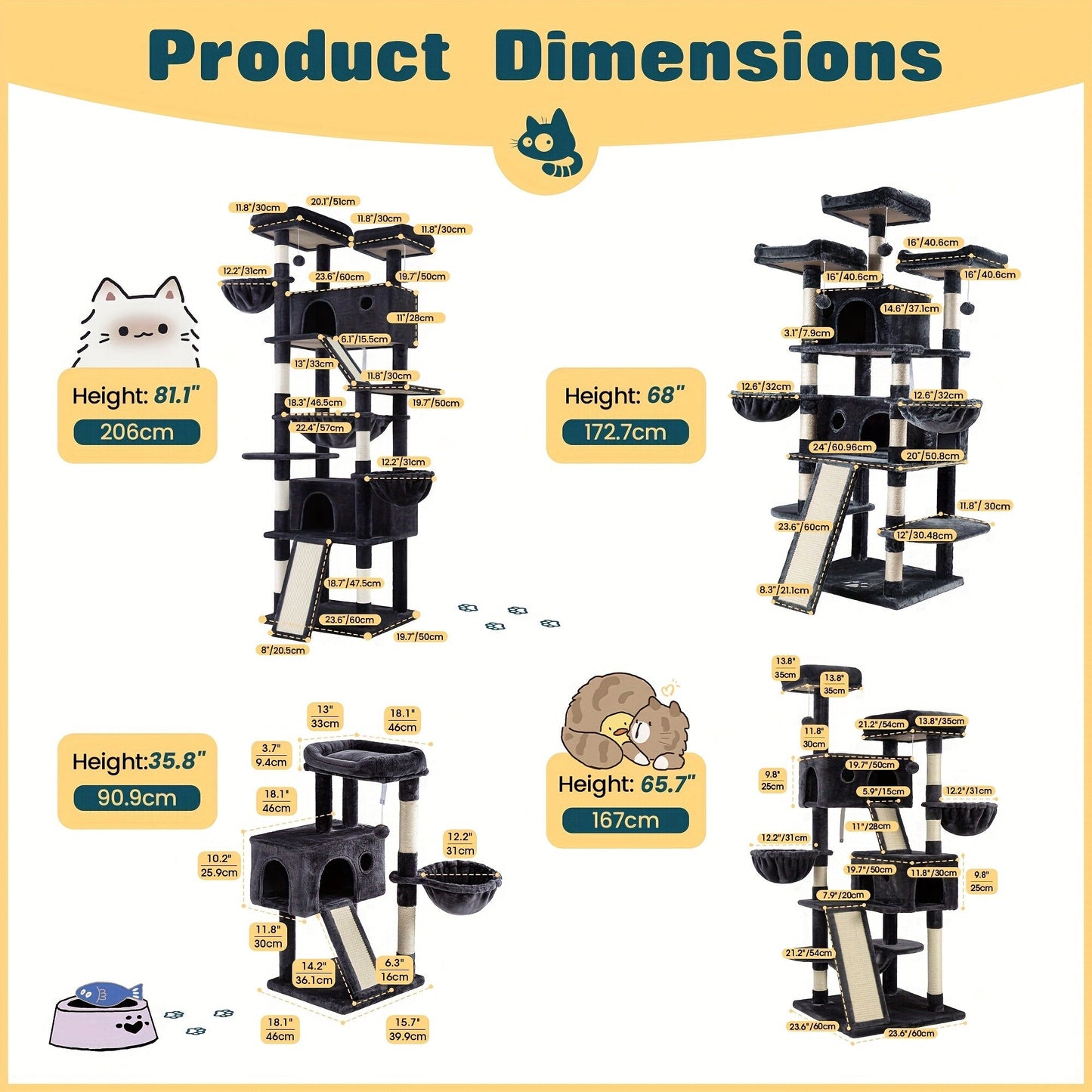 Cat Tree Tower Multi-Level for Indoor Cats - Cat Furniture with Sisal Scratching Posts, Plush Perches, Hammock, Basket & Corner Condo Cave, Hanging Toys & Climbing Ramp, Multiple Sizes & Colors