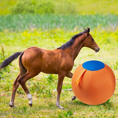 Horse Training Ball 21.7" Anti-Burst Silicone Grazing Ball with Cover & Hanging Belt for Horses Goats Dogs, Large Stable Toy Boredom Buster Ball for Equine Play & Exercise, Blue & Orange