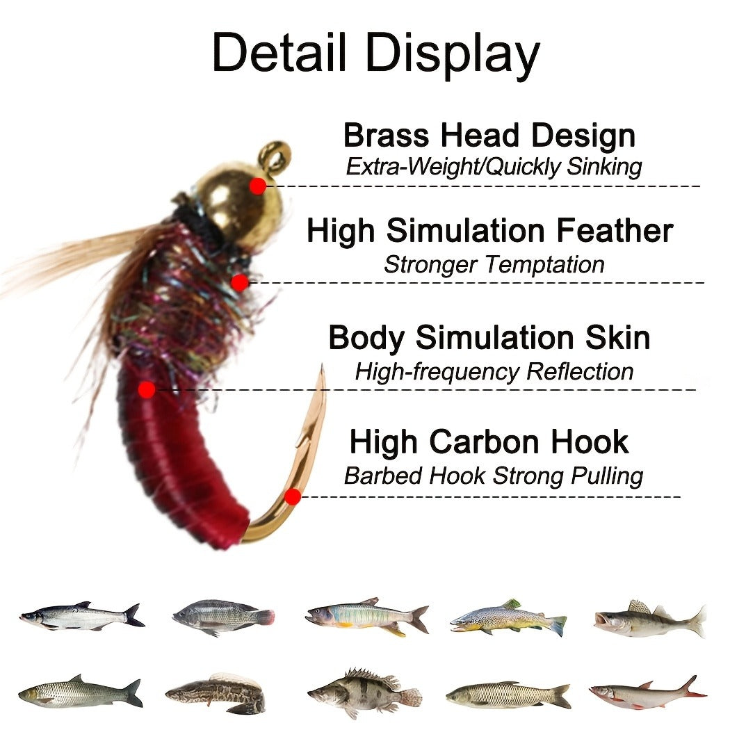 Trout Fly Fishing Flies Kit 24pcs - Brass Bead Head Caddis Nymph Lures Mixed Styles with Tackle Box, High Carbon Steel #10 Hooks for Bass Bluegill Trout Freshwater