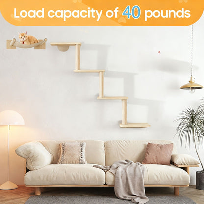 Wall-Mounted Cat Tree 5 Layers Solid Wood Indoor Cat Climbing Frame Jumping Platform Ladder Space-Saving for Small Spaces Multi-Cat Homes Living Room Bedroom Balcony