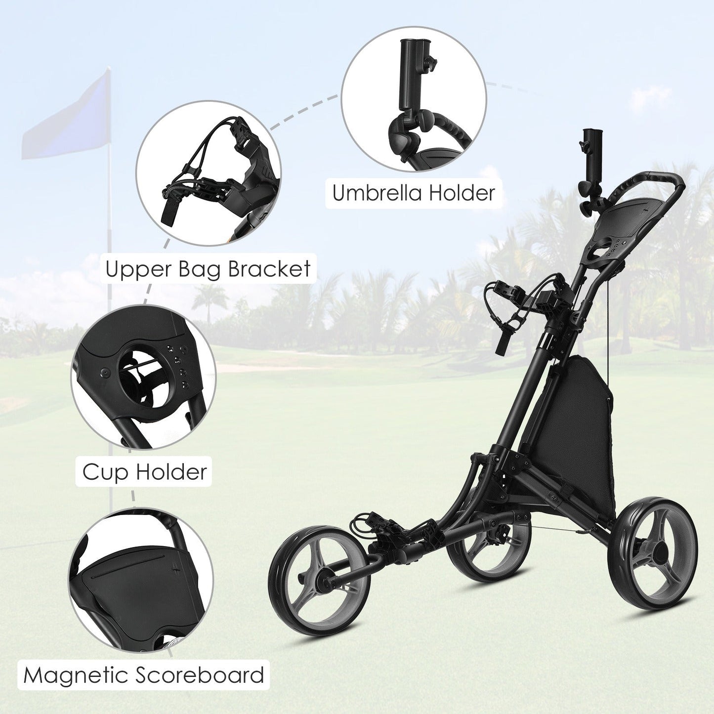 3-Wheel Folding Golf Push Cart Lightweight Aluminum Golf Trolley with Cup Holder Umbrella Holder Scoreboard Storage Bag Foot Brake Adjustable Handle for Golf Clubs